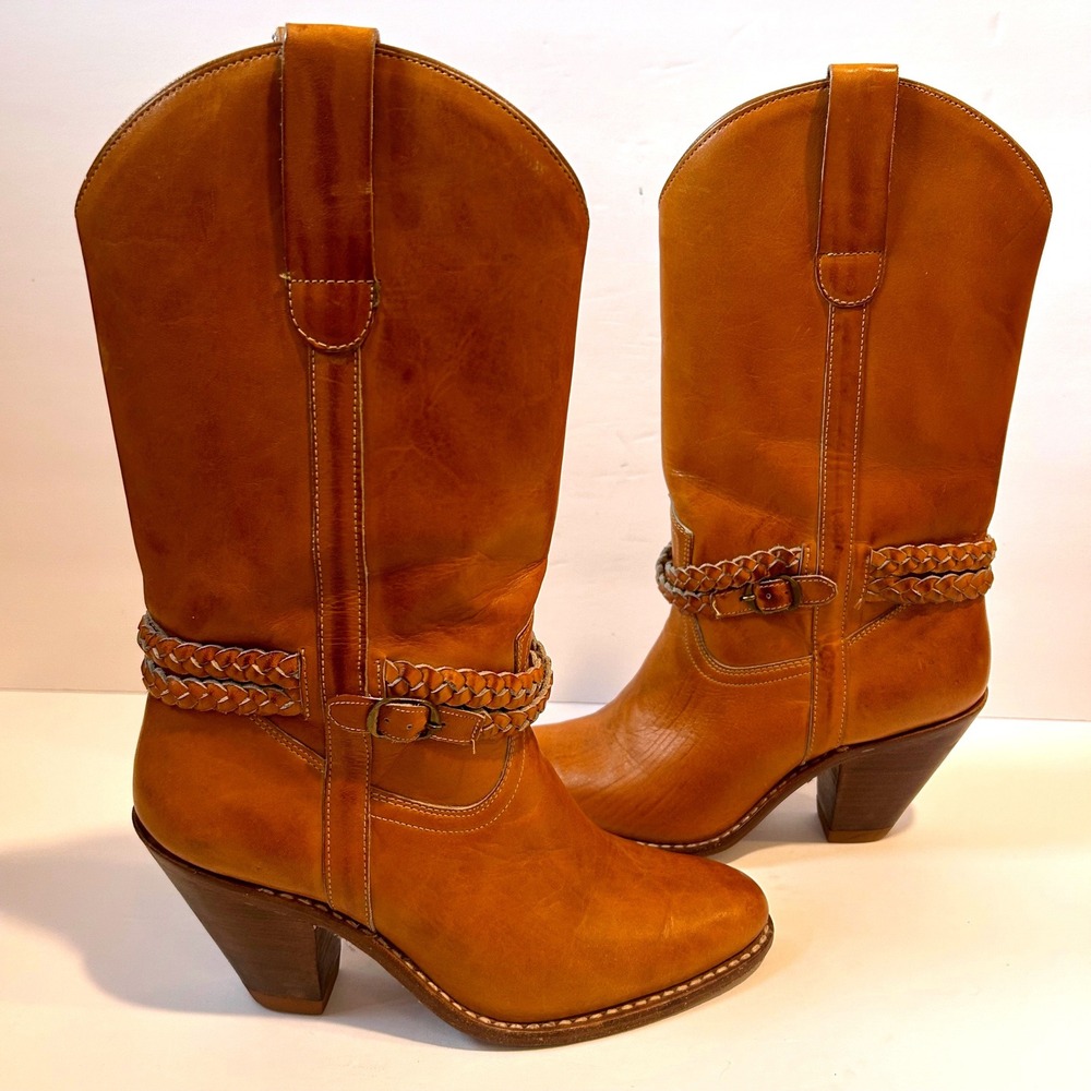Town & Country VTG Western Boots Women 7 Tan Leather Braided Harness Heel Brazil